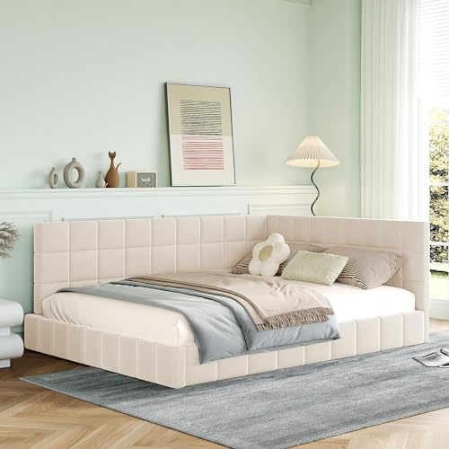 Sapgaks Canapé lit 140x200 Cadre de lit,canapé lit 2 Places 140x200 avec sommier à Lattes,lit Double lit Adulte,Multifonctionnel avec Tissu Velours,Beige(sans Matelas)