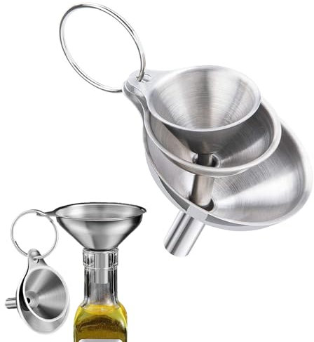 EHIOG Set di 3 imbuti in acciaio inox, Imbuto per Cucina, Piccolo Imbuto con Manico, per Filtraggio Imbuto di Metallo per Succo, Spezie, Olio, Vino