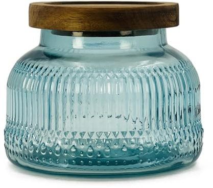 Tarro decorativo de vidrio azul con tapa de madera hermética, 25,4 onzas, recipiente de almacenamiento de alimentos de cocina vintage de boca ancha para galletas, caramelos, miel, harina, especias