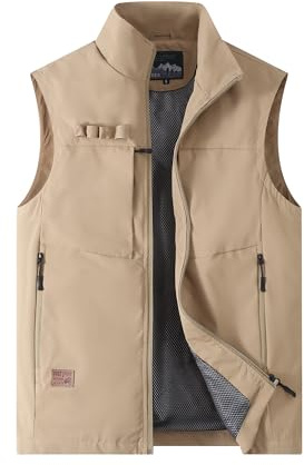 MeiLayM Hombres Aire Libre Pesca Chalecos Multi Bolsillos Chaleco Deportes Casual Respirable Chaqueta Cámping Caza Rápido Chaleco sin mangas Caqui,L
