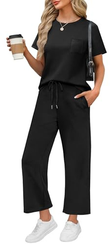 WIHOLL 2 Piece Sets for Women Casual Summer Travel Vacation Outfits Short Sleeve Wide Leg Crop Pants Lounge Sets with Pockets