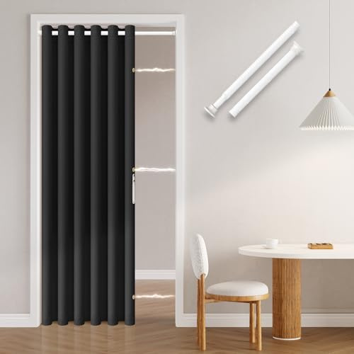 Jilron Cortina de puerta sin perforaciones: Fácil montaje con barra telescópica y cierre magnético – Protección de la privacidad en el espacio (Negro-A201 x L130 cm)