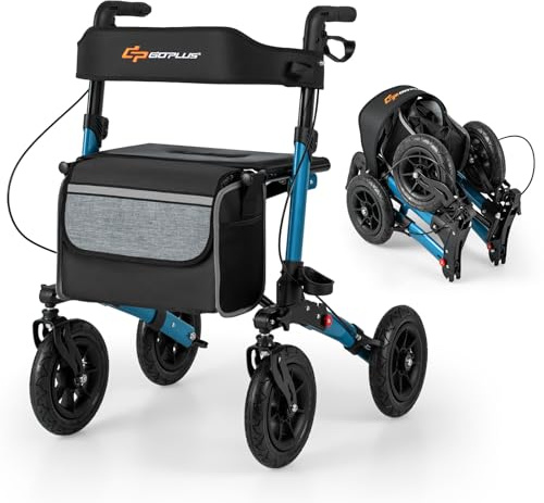 GOPLUS Déambulateur Pliable 4 Roues, Déambulateur Tout-Terrain avec Freins pour Personnes Âgées, Hauteur Réglable, Dossier Ergonomique, Léger, Aide à la Marche Rangement Facile,Charge 140 kg (Bleu)