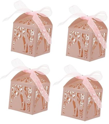 Soulnioi 25 st rosa bröllopslådor med band – snidade ihåliga små presentaskar för gäster, personligt godis eller choklad (5 × 5 × 8 cm)