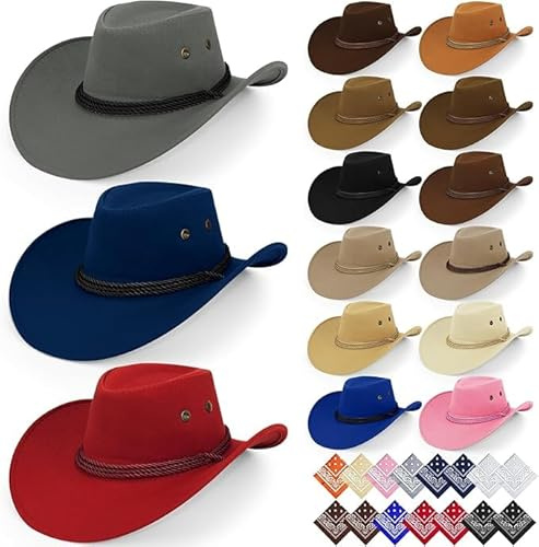 Swhcm Set da 30 pezzi di cappello da cowboy e bandana – Accessori per costume western per donne e uomini – Grandi quantità di cappelli da cowgirl per travestimento e feste a tema (15 colori)