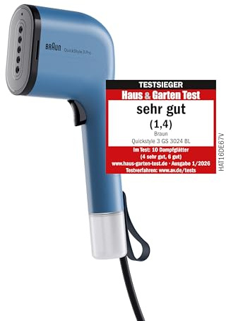 Braun QuickStyle 3 GS3024BL, kompakt och lätt vertikal strykjärn, utdragbar med snabb uppvärmning, ånga 22 g/min, avtagbar tank 120 ml, termiskt fodral 1 100 W, blå