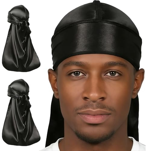 2 Piezas Durag de Satén Sedoso, Durag Premium de Cola Larga para Hombres y Mujeres Perfecto para Ondas 360 Dreadlocks, Pañuelos Piratas Transpirables para la Cabeza Diademas de Moda Sombreros de Cola