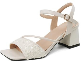 Generico Donne Tacco A Blocco Medio Décolleté da Sposa Cinturino alla Caviglia Scarpe da Vestito con Fibbia Punta Aperta Slingback Sandali da Sposa,Beige,35 EU
