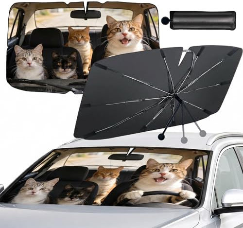 Parasol Coche Delantero, 140cm x 79cm Parasol Coche Paraguas Plegable para Auto Parabrisas Interior, Eje Giratorio de 360°, Protección UV, para la Mayoría de Coches, SUV, Camiones