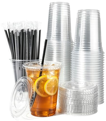 Lekeeu Förpackning med 50 genomskinliga plastkoppar med lock och sugrör 500 ml Återanvändbara plastkoppar för iskaffe, smoothies, kalla drycker, fester, restauranger