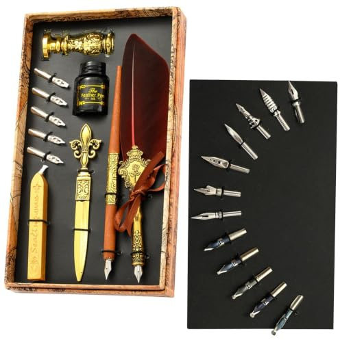 Vintage Quill Pen Set | Antik fjäderpenna för att skriva | Pen bläckset innehåller fjäderpenna, bläck, ersättningsspetsar, kuvertverktyg, vintage romantisk alla hjärtans present
