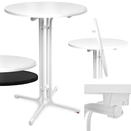 Beautissu Outdoor Table Bistrot Haute Pliante Ø80cm Bellini – Stable Résistante aux Intempéries Rayures, Pied Réglable en Hauteur, Montage Facile Support Prémonté – Table Bar Ronde Blanc