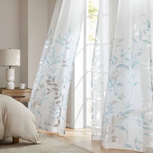 Madison Park Cecily Semi Sheer SINGLE Panel Window Curtain Burnout Botanical Print, Easy To Hang, Fits up to 1.25 Diameter Rod, 50x84, Leaves Aqua