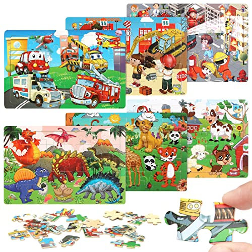 Holzpuzzle Kinder 6 Stück, Kinderpuzzle 30 Teile, Puzzle Auto Tier Dinosaurier, Gehirntraining Spielzeug für Kinder ab 3 Jahren, Geschenk Kinderspielzeug für Mädchen Jungen