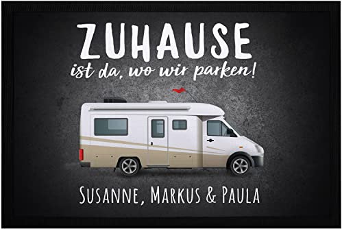 SpecialMe® Fußmatte mit Namen Familie Zuhause ist da wo wir parken personalisiert Geschenk für Wohnmobilbesitzer schwarz 60x40cm