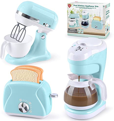 Kitchen Appliances Toys, Kids Play Kitchen Accessories Set, Pretend Kitchen Toys for Kids Ages 4-8, Coffee Maker, Mixer, Toaster with Realistic Lights & Sounds, Gift for Girls Ages 3+