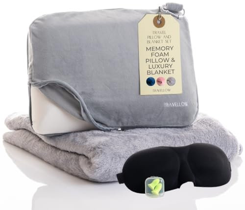 Travellow Reisekissen- und Decken-Set – 4-in-1 Ultimatives Reise-Set mit Memory-Schaum-Kissen, Reisedecke, Schlafmaske und Ohrstöpseln, ultimativer Komfort und Gemütlichkeit für Ihre Reisen, Grau