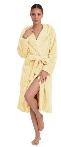 HEARTNICE Fuzzy Soft Robes for Women, Long Plush Hooded Robe Fluffy Warm Bathrobes(Light Yellow,L/XL)
