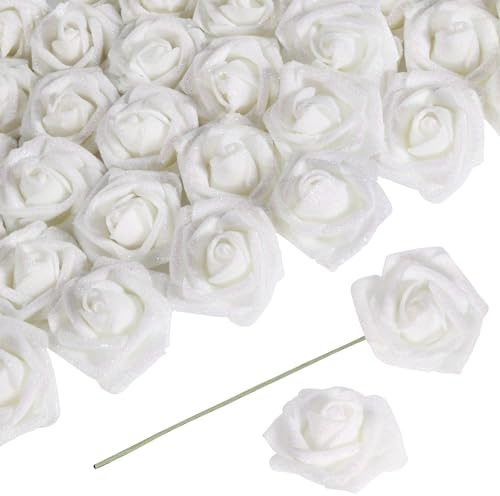ICBOX 30 rose bianche glitterate in schiuma, con stelo, fiori finti per fai da te, bouquet da sposa, feste, centrotavola (bianco)