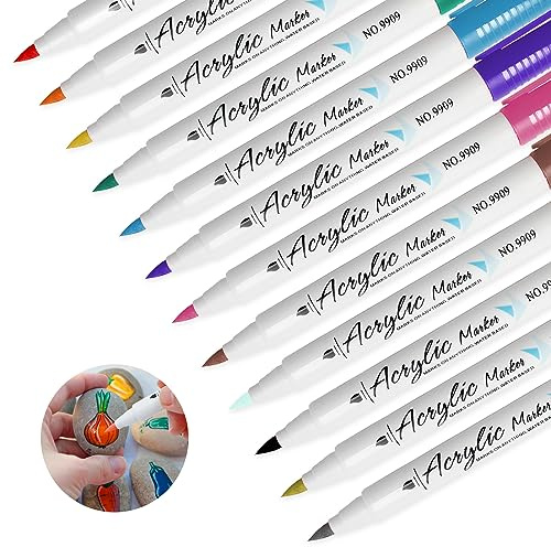 Wolepaz Acrylic Paint Pens, 12 Colours Brush and Fine Tips Acrylic Markers, for Rock Painting, Stone, Ceramic, Glass, Wood, Fabric, Canvas, Porcelain