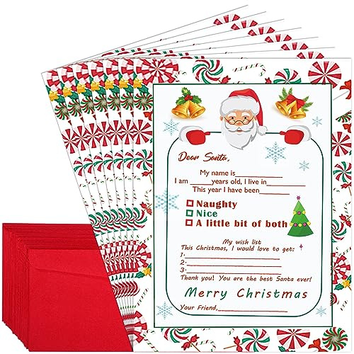Outus 100 Pcs Letter to Santa Christmas Wish List Writing Kit Fill in The Blank Cards 6 x 8 Inch Christmas Envelopes Letter Paper Self-adhesive Reindeer Letterhead for Holiday Greeting Supplies Gifts