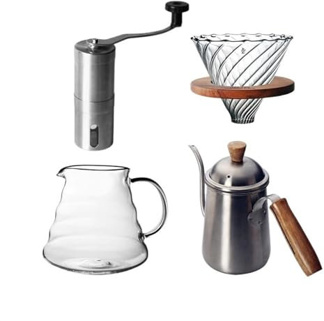 WAOCEO cafetière Ensemble de cafetière avec Manche en Bois en Acier Inoxydable, broyeur Manuel, Machine à Grains de café en Verre, Filtre épais, Tasse de Partage pour la Maison, la Cuisine