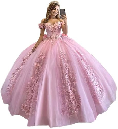 Fuomomo Vestidos de quinceañera con Cuentas de Encaje Evasé Acampanado Hombros Caídos Vestidos de Fiesta