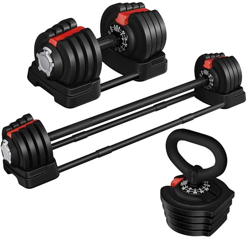 Yaheetech Haltères Musculation Réglables 2 en 1/3 en 1, 18 kg/24 kg/40 kg, Ensemble d'haltères, Kettlebell, Haltères Musculation Longs, avec Disque pour Musculation, Fitness, Domicile, Gym