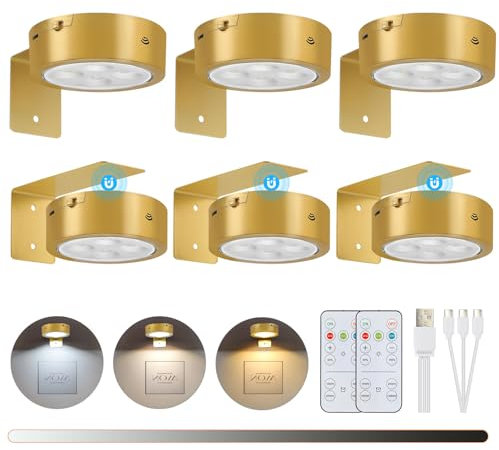 Lightsjoy 6 Pack Picture Lights for Wall Battery Operated 3 Colors Rechargeable Picture Frame Light Wireless Wall Light Dimmable Timer Dart Board Lighting Remote Control Magnetic Wall Lights Gold