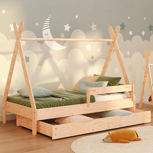 smartwood Hussäng 70x140 cm med Låda, av Furuträ, Naturlig, TIPI D | Montessorisäng för barn, fallskydd, förvaring, ribbotten upp till 230 kg, FSC-trä, rundade kanter, enkel montering