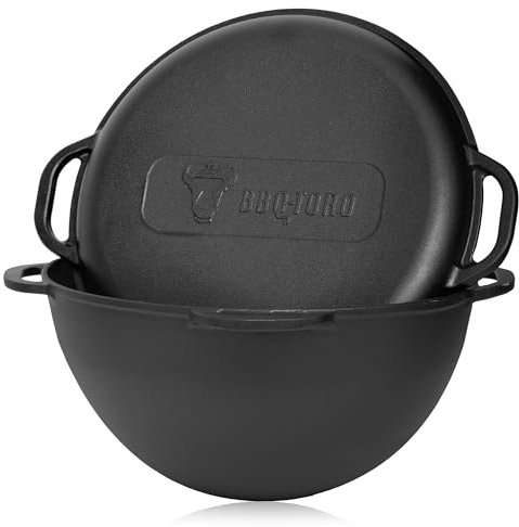 BBQ-Toro cast iron Kazan with lid | 19 litres | Traditional cast iron pot | Kazan with round base | Grill wok, preseasoned | Casserole for cooking, braising, frying, deep-frying