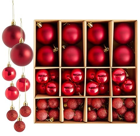 THE TWIDDLERS - 50-Pack Rot Weihnachtskugeln - Verschiedene Größen und Oberflächen - 6cm, 4cm, 3cm - Matt, Glänzend und Glitzernd für Baumdekoration