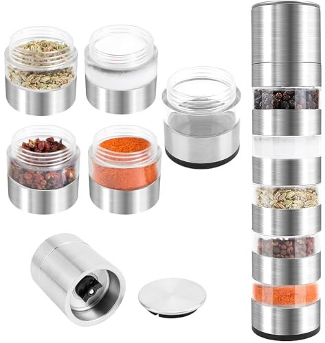 Aiareozy Set D'épices de Voyage 5 en 1, Mini Pots à Épices, Pots à Epices Empilables en Acier Inoxydable, Bocaux à Épices avec Moulin à Épices pour Cuisine Camping, Stockage Des Épices