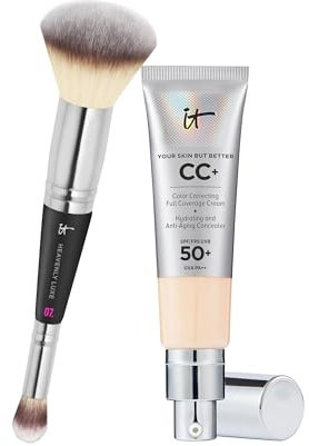 IT Cosmetics, Lot de 2 produits, Crème CC+ Anti-Âge Your Skin But Better, Haute Couvrance, Waterproof, Fini Naturel, 32 ml, Teinte Light + Heavenly Luxe #7, Pinceau Double Embout