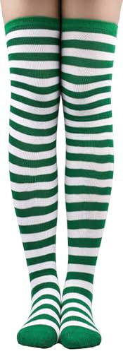 LXOrdora Chaussettes montantes au-dessus du genou pour femme Bas rayés, Rayures fines vertes et blanches, Taille unique