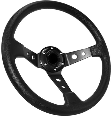 Acclcors Universal Racing Steering Wheel, Drifting Steering Wheel, 350mm/14in Deep Bottom with Horn Button, 6 Bolt Grip Vinyl Leather for Racing/Rally/Motorsport/Car Sim Driving Black
