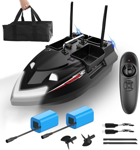 HEVMEVENI Bateau d'appâts RC pour la pêche avec 4 conteneurs d'appâts, portée de télécommande de 500 mètres, largaison de ligne, contrôle de croisière, double batterie 5200mAh, éclairage LED