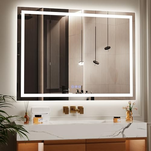 Koonmi Miroir de salle de bain LED 120 x 90 cm avec éclairage, miroir mural réglable à la lumière avec boutons tactiles, fonction anti-buée et mémoire, blanc