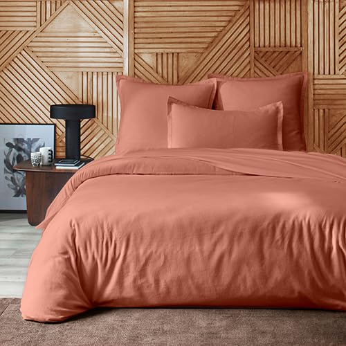 Duquennoy & Lepers - Parure Housse de Couette 2 Personnes en Flanelle 100% Coton - Housse de Couette 240x220 CM et 2 Taies d'oreiller 63x63 CM - Uni Corail