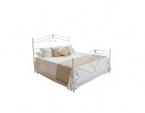 AESSEGI Letto Matrimoniale 160x190 Ferro Battuto Bianco sfumato oro Artigianale Made in Italy. Modello Cuore, Struttura Metallo, Spedizione inclusa.