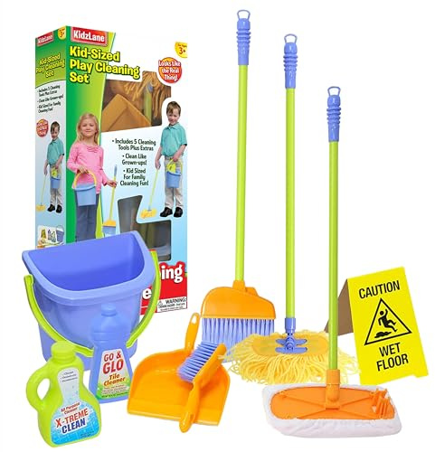 Kidzlane Kids Cleaning Toy Set - Toddler Cleaning Set with Realistic Broom, Mop, and Dustpan with Wet Floor Sign and Cleaning Tools - Kids Broom Set for Ages 3 and Up - Fun Playtime for Boys and Girls