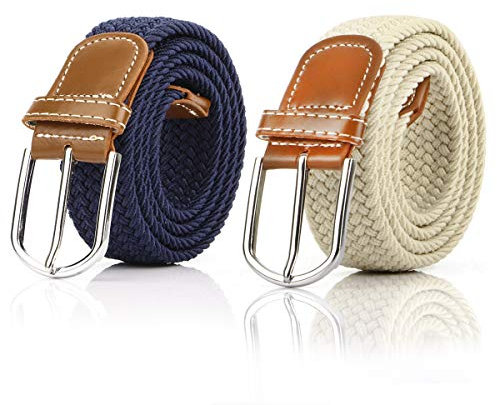 lalafancy 2 Stück Damen Stretch Geflochtene Stretchgürtel Dehnbarer Gürtel Elastische Herren Stoffgürtel Damen Gürtel für Jeans (Navy & Beige)
