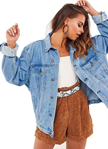 Justalwart Oversized Denim Jacket for Women Jean Trucker Jacket (M, Light blue washed)