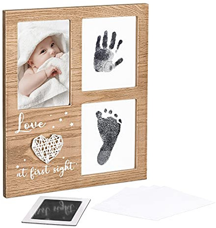 Navaris Bilderrahmen für Baby Handabdruck Fußabdruck - 30 x 25 x 2,4 cm Rahmen Abdruckset für Hände und Füße - Fotorahmen mit Stempelkissen
