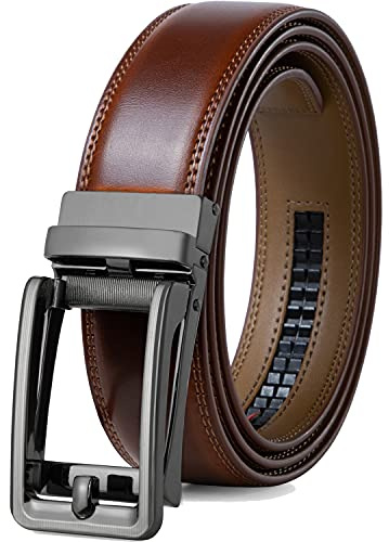 Founders & C Men's Leather Ratchet Comfort Click Belt Dress with Slide Buckle -Adjustable Trim to Fit (28-42 Waist Adjustable, Burnt Umbe/Cognac)