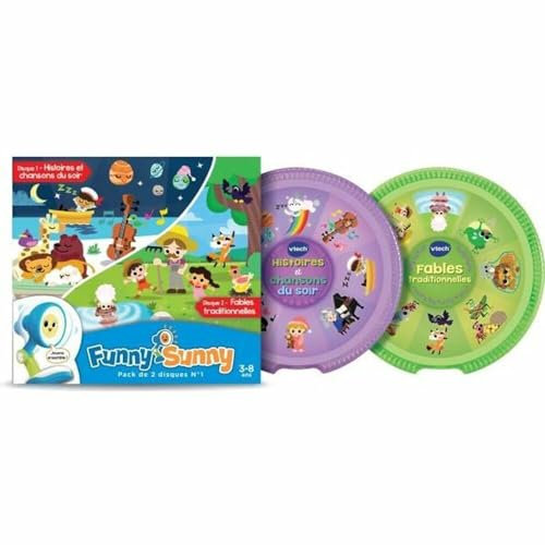 VTech - Funny Sunny, Pack Recharge N°1, 2 Disques, Histoires et Chansons du Soir, Fables Traditionnelles, Cadeau Enfant de 3 Ans à 8 Ans - Contenu en Français