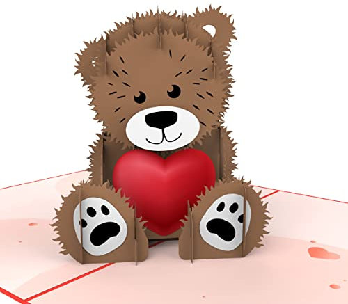 MOKIO® Pop-Up Karte – Teddy mit Herz – 3D Grußkarte zum Geburtstag, Hochzeitstag oder Jahrestag, Teddybär Geburtstagskarte mit Umschlag