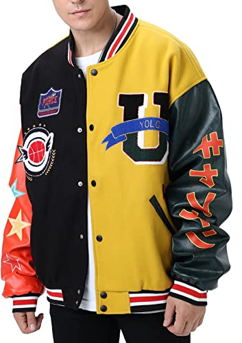 Eocicvvi Varsity Jacket Unisex Y2K Embroidered Letterman Bomber Jacket Casual Baseball Jackets(Yellow,2XL)
