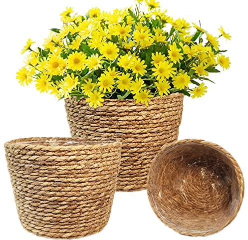 KMERCE 3pcs Cesta para Plantas, Macetero Mimbre, Macetas Decorativas Interior y Exterior, Cesto de jardín Seagrass con Asas, Cesta de Almacenamiento, Diámetro18cm,20cm,25cm