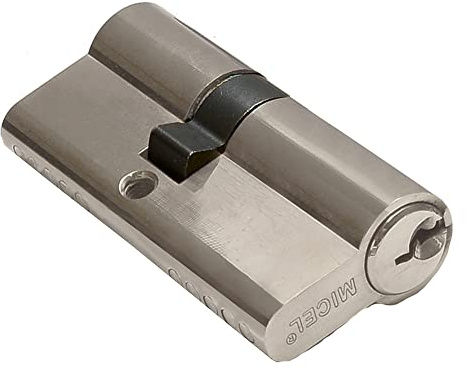 MICEL - 13149 - Cilindro de Serreta, Seguridad, Perfil Europeo, con Leva Corta, descentrado, 30 x 50, Incluye llaves, Acabado en níquel, Color plateado, 80 x 17 x 33 mm